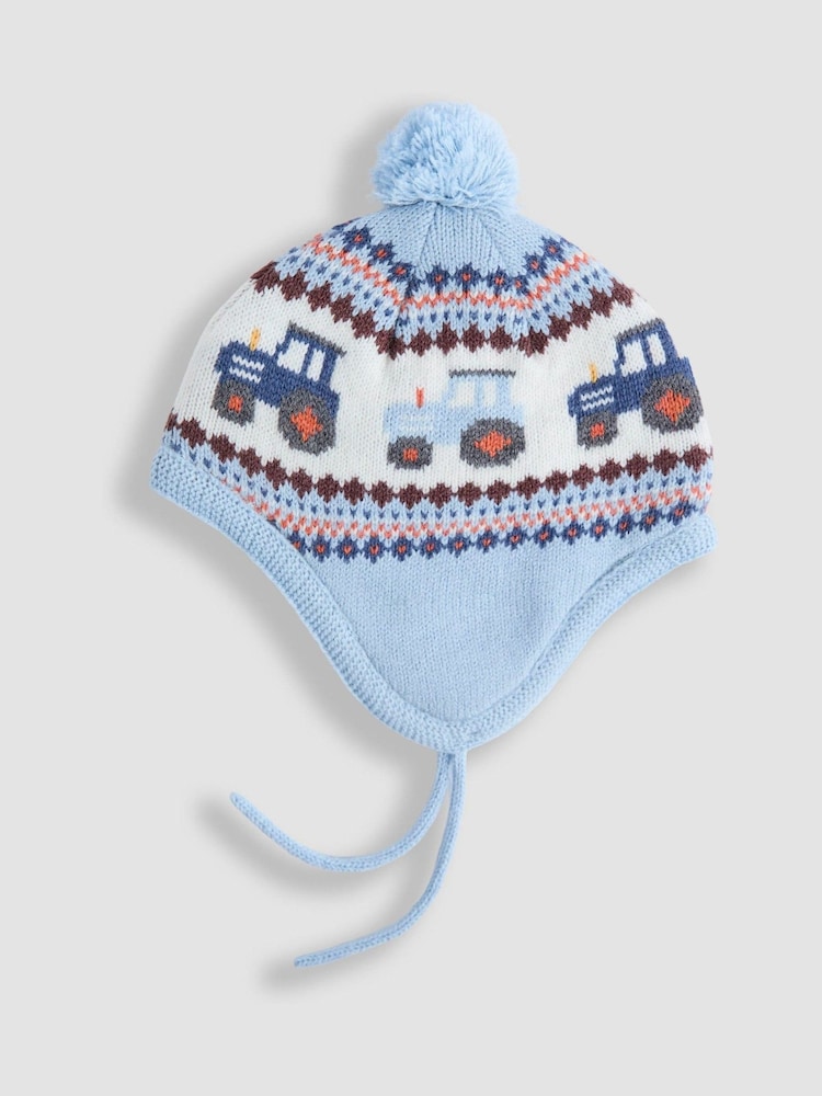 JoJo Maman Bébé Denim Blue Tractor Cosy Pom Pom Rib Hat - Image 3 of 3
