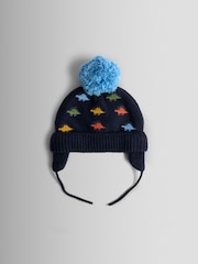 JoJo Maman Bébé Navy Dino Cosy Pom Pom Rib Hat - Image 1 of 3