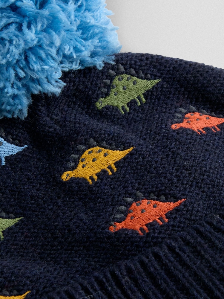 JoJo Maman Bébé Navy Dino Cosy Pom Pom Rib Hat - Image 3 of 3