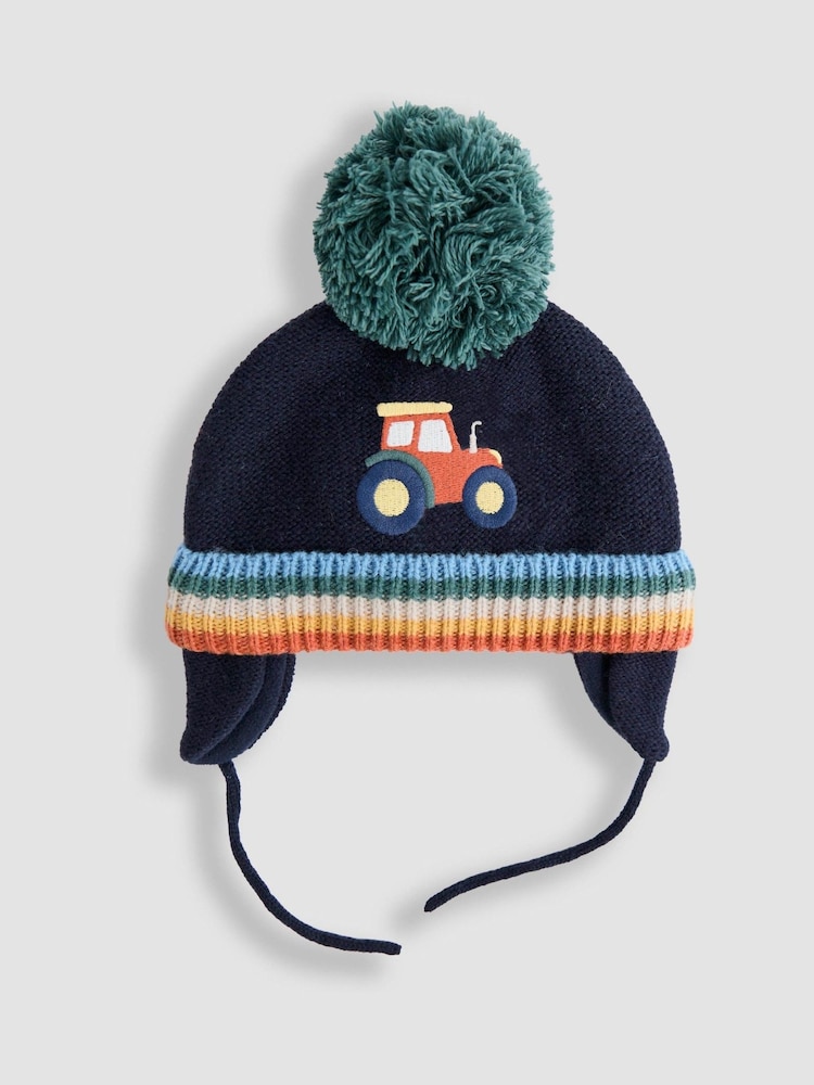 JoJo Maman Bébé Navy Tractor Cosy Pom Pom Rib Hat - Image 1 of 3 JoJo Maman Bébé Navy Tractor Cosy Pom Pom Rib Hat - Image 1 of 3