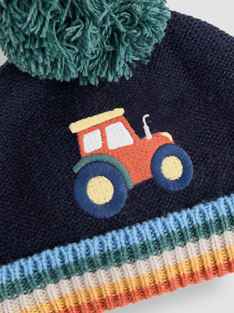 JoJo Maman Bébé Navy Tractor Cosy Pom Pom Rib Hat - Image 2 of 3 JoJo Maman Bébé Navy Tractor Cosy Pom Pom Rib Hat - Image 2 of 3