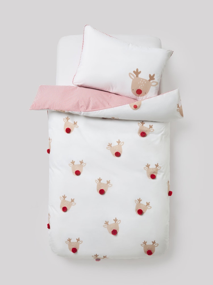 Reindeer Pom Christmas Duvet Cover and Pillowcases Set - Image 1 of 3