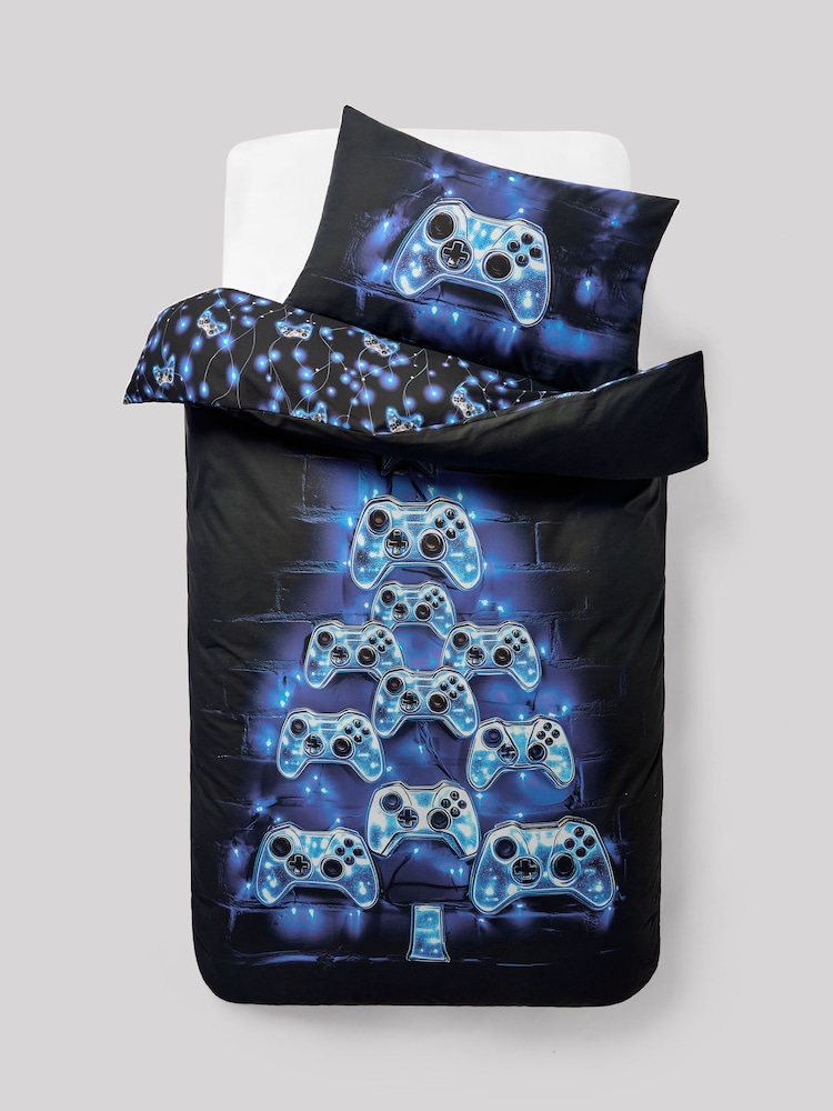 Blue Gamer Christmas Duvet Cover and Pillowcase Set - Image 1 of 3