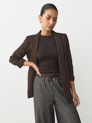 Chocolate Brown Relaxed Ruched Sleeve Blazer - Image 1 of 8