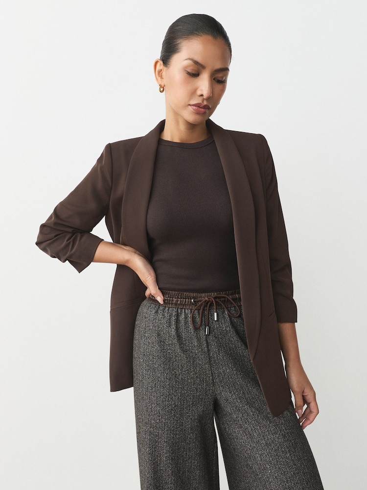 Chocolate Brown Relaxed Ruched Sleeve Blazer - Image 1 of 8