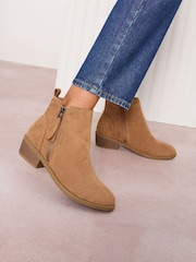 Friends Like These Tan Brown Standard fit Mid Block Heel Side Zip Faux Suede Cuban Boots - Image 1 of 4