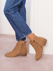 Friends Like These Tan Brown Standard fit Mid Block Heel Side Zip Faux Suede Cuban Boots - Image 2 of 4