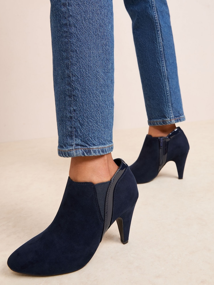 Friends Like These Navy Wide Fit Mid Heel Mix Material Ankle Boots - Image 1 of 4 Friends Like These Navy Wide Fit Mid Heel Mix Material Ankle Boots - Image 1 of 4