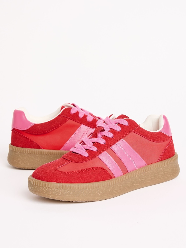 Friends Like These Red Pink Wide Fit Lace-Up Retro Gumsole Sports Trainers - Image 1 of 4 Friends Like These Red Pink Wide Fit Lace-Up Retro Gumsole Sports Trainers - Image 1 of 4
