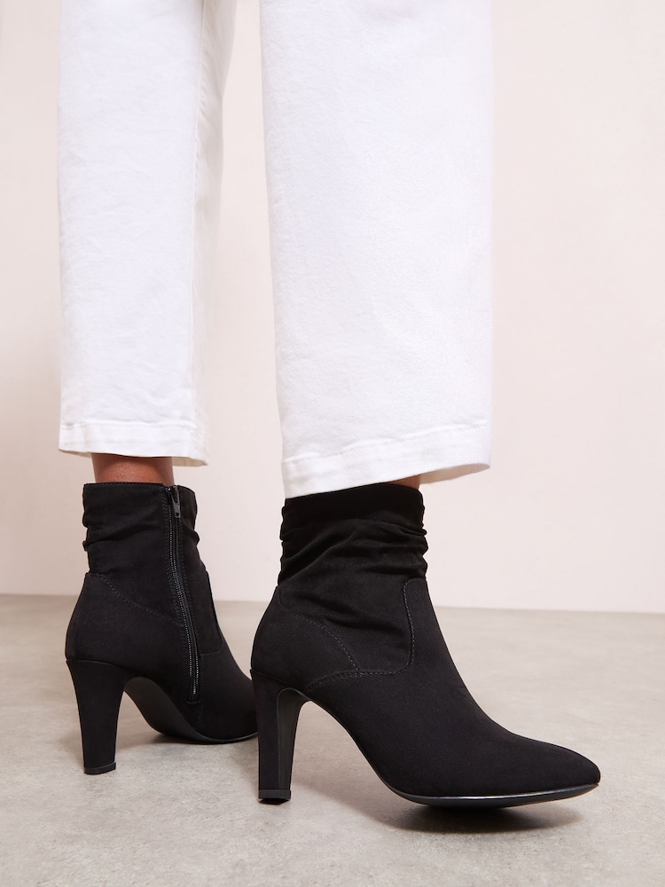 Friends Like These Black Mid Heel Ruched Faux Suede Ankle Boots - Image 1 of 5