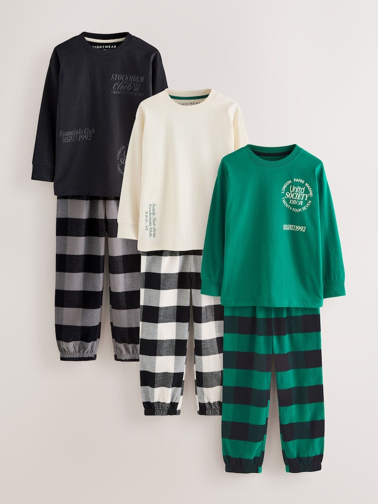 Black/Green/White Woven Check Pyjamas 3 Pack (3-16yrs) - Image 1 of 11