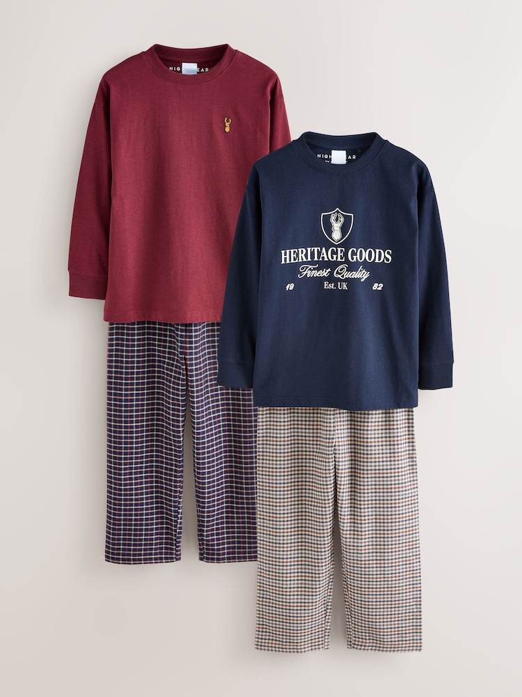 Navy/Burgundy Long Sleeve Woven Check Pyjamas 2 Pack (3-16yrs) - Image 1 of 6 Navy/Burgundy Long Sleeve Woven Check Pyjamas 2 Pack (3-16yrs) - Image 1 of 6