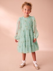 Laura Ashley Mint Green Tiered Long Sleeve Mesh Dress - Image 1 of 10
