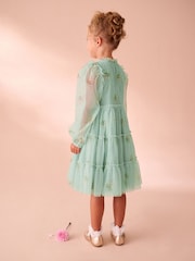 Laura Ashley Mint Green Tiered Long Sleeve Mesh Dress - Image 2 of 10