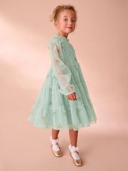 Laura Ashley Mint Green Tiered Long Sleeve Mesh Dress - Image 3 of 10