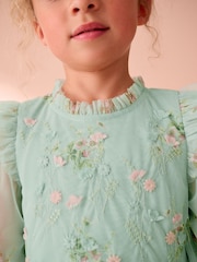 Laura Ashley Mint Green Tiered Long Sleeve Mesh Dress - Image 5 of 10