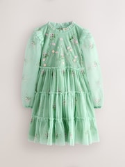 Laura Ashley Mint Green Tiered Long Sleeve Mesh Dress - Image 6 of 10