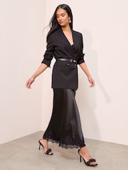 Friends Like These Black Satin Lace Trim Maxi Skirt - Image 3 of 4