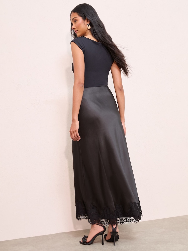 Friends Like These Black Satin Lace Trim Maxi Skirt - Image 4 of 4