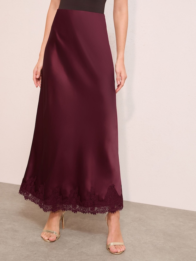 Friends Like These Purple Satin Lace Trim Maxi Skirt - Image 1 of 4 Friends Like These Purple Satin Lace Trim Maxi Skirt - Image 1 of 4