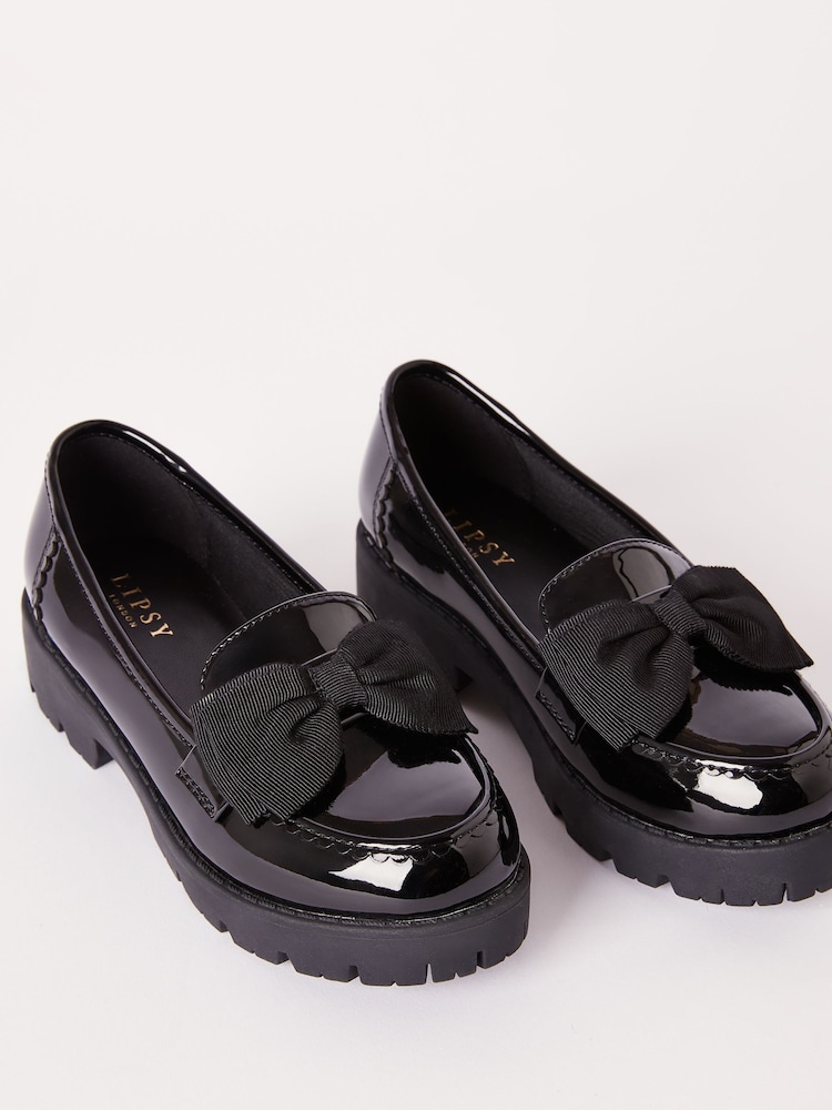 Lipsy Black Chunky Bow Slip-Ons Loafers School Shoes - Image 1 of 4