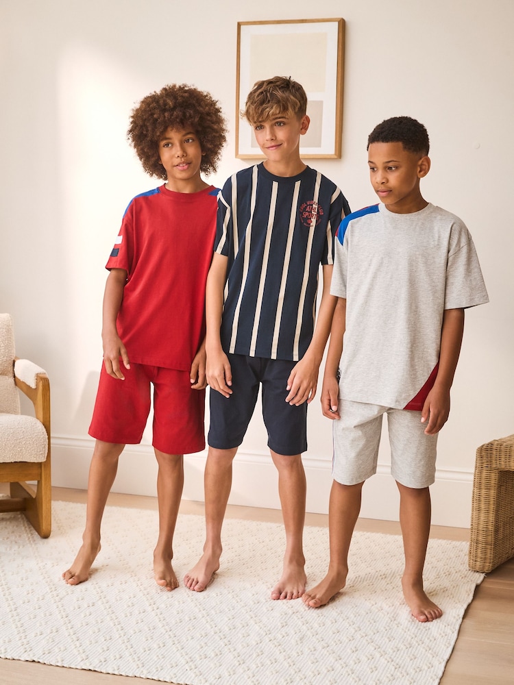 Red/Blue/Grey Stripe Sport Short Pyjamas 3 Pack (3-16yrs) - Image 1 of 3 Red/Blue/Grey Stripe Sport Short Pyjamas 3 Pack (3-16yrs) - Image 1 of 3