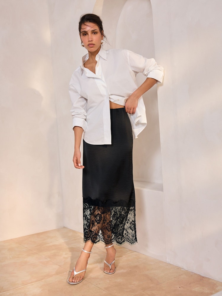 Black Satin Midi Skirt With Lace Trim - Image 1 of 8