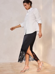 Black Satin Midi Skirt With Lace Trim - Image 2 of 8