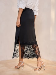 Black Satin Midi Skirt With Lace Trim - Image 3 of 8