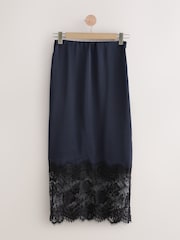 Navy Satin Midi Skirt With Lace Trim - Image 1 of 3