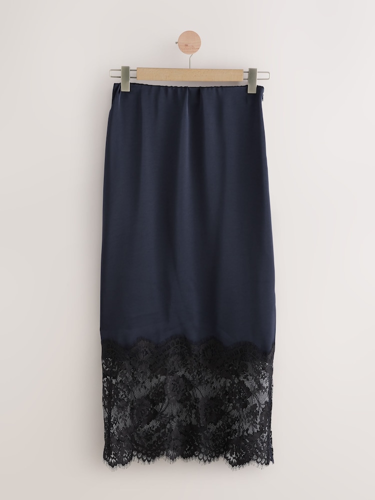 Navy Satin Midi Skirt With Lace Trim - Image 1 of 3