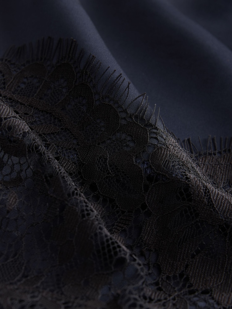 Navy Satin Midi Skirt With Lace Trim - Image 3 of 3