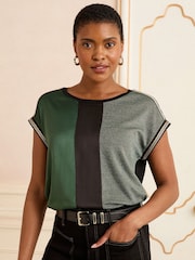Love & Roses Green and Black Embellished Cuff Colourblock Satin Front T-Shirt - Image 1 of 4