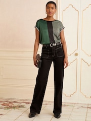 Love & Roses Green and Black Embellished Cuff Colourblock Satin Front T-Shirt - Image 3 of 4