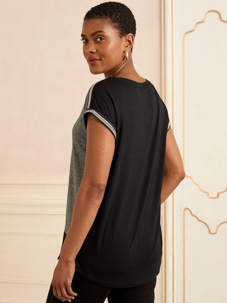Love & Roses Green and Black Embellished Cuff Colourblock Satin Front T-Shirt - Image 4 of 4