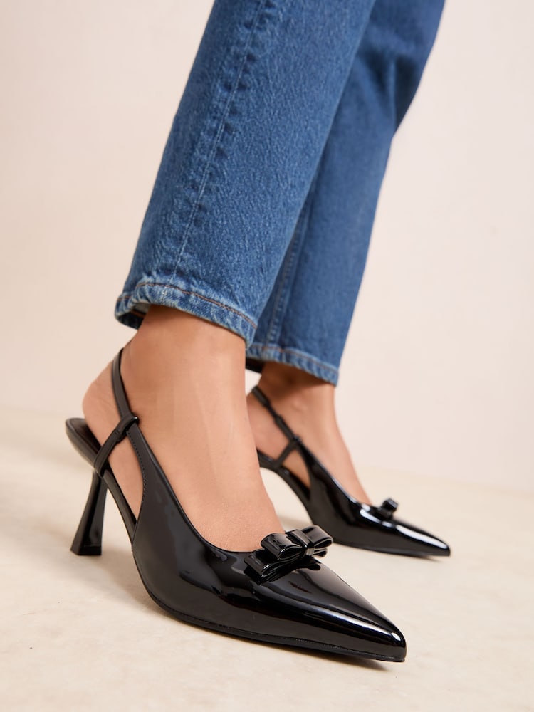 Friends Like These Black Print Bow Pointed Toe Slingback Mid Heel Court Shoes - Image 1 of 4