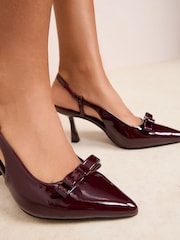 Friends Like These Burgundy Red Print Bow Pointed Toe Slingback Mid Heel Court Shoes - Image 3 of 4