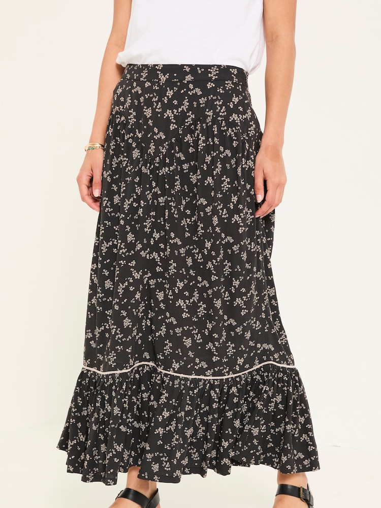 FatFace Aurielle Black Mono Ditsy Maxi Skirt - Image 1 of 7