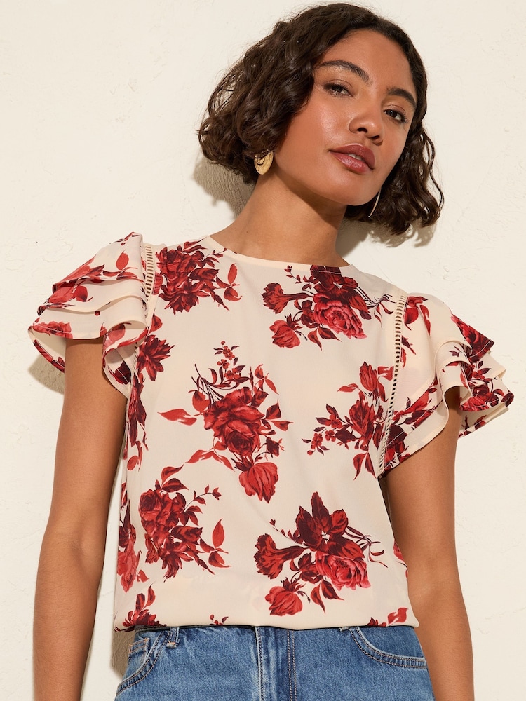 Friends Like These Rose Print Short Ruffle Sleeve Round Neck Blouse - Image 1 of 5