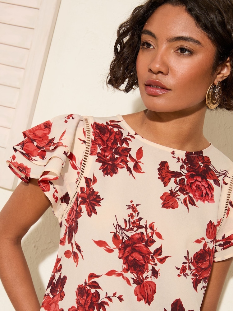 Friends Like These Rose Print Short Ruffle Sleeve Round Neck Blouse - Image 2 of 5