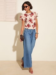 Friends Like These Rose Print Short Ruffle Sleeve Round Neck Blouse - Image 3 of 5
