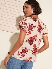 Friends Like These Rose Print Short Ruffle Sleeve Round Neck Blouse - Image 5 of 5