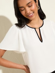 Friends Like These Cream Short Angel Sleeve Tipped Trim Blouse - Image 3 of 4
