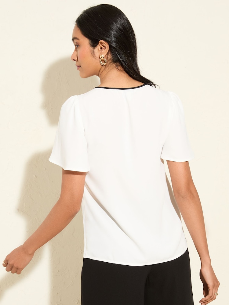 Friends Like These Cream Short Angel Sleeve Tipped Trim Blouse - Image 4 of 4