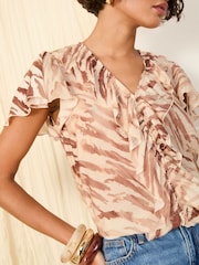 Friends Like These Animal Brown Short Sleeve V-Neck Printed Ruffle Blouse - Image 3 of 4