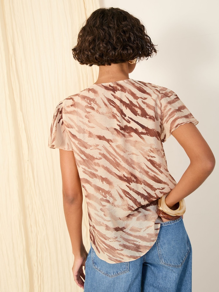 Friends Like These Animal Brown Short Sleeve V-Neck Printed Ruffle Blouse - Image 4 of 4