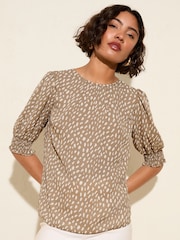 Friends Like These Mocha Print Short Sleeve Shirred Cuff Blouse - Image 1 of 4