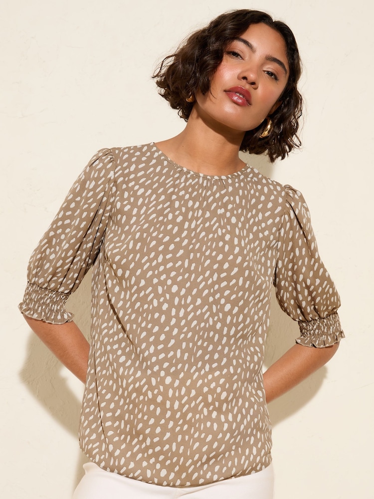 Friends Like These Mocha Print Short Sleeve Shirred Cuff Blouse - Image 1 of 4