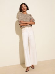 Friends Like These Mocha Print Short Sleeve Shirred Cuff Blouse - Image 3 of 4