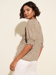 Friends Like These Mocha Print Short Sleeve Shirred Cuff Blouse - Image 4 of 4